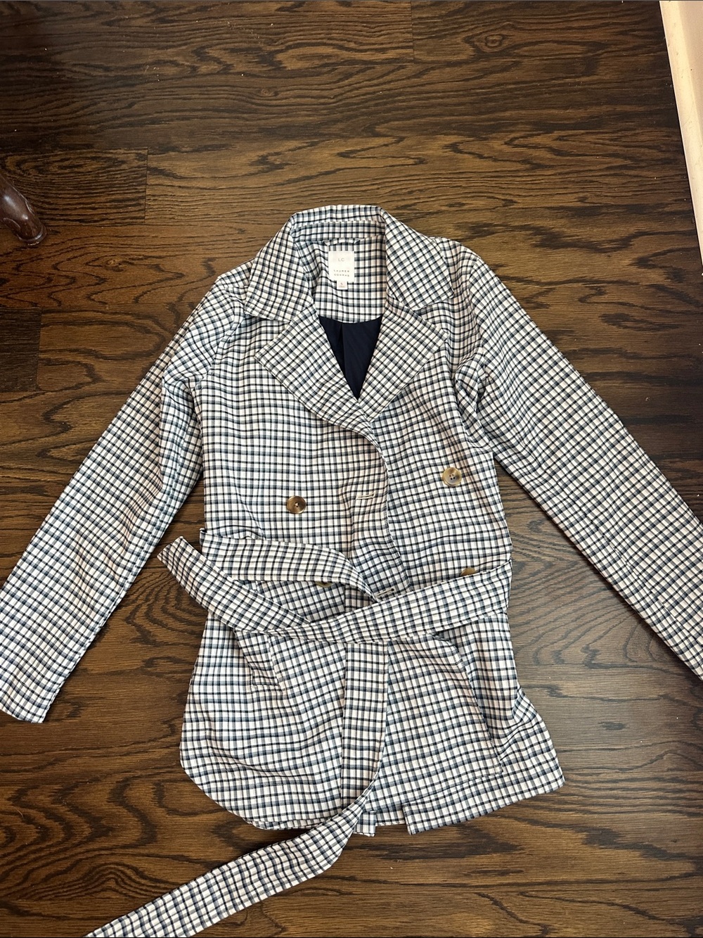 LC Lauren Conrad Navy and White Plaid Belted Trench Coat